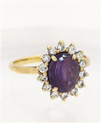 18K 3.45g Yellow Gold Amethyst Diamond Halo Dainty Simple Classic Ring Size-6.75